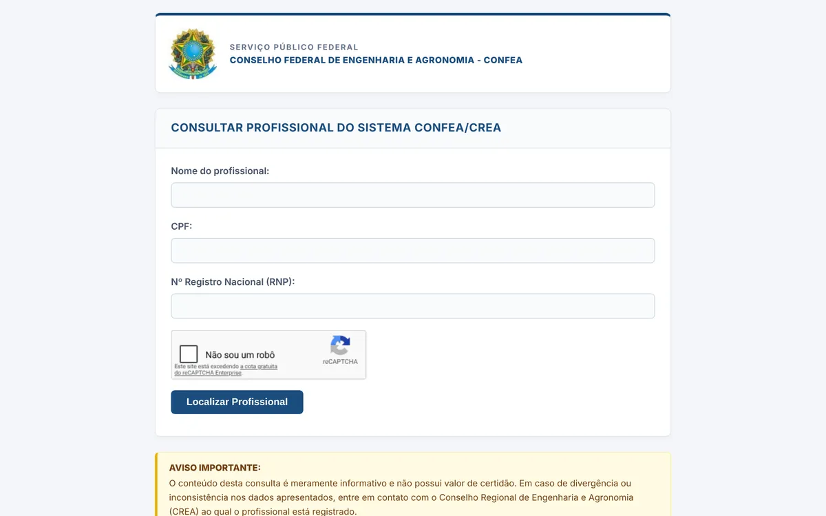 Tela de consulta de profissional do sistema Confea/Crea, com busca por nome, CPF ou registro nacional