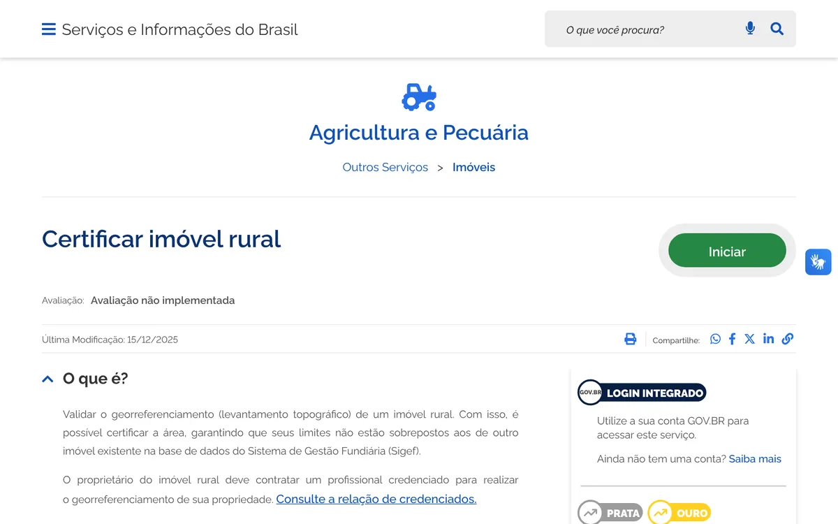 Página do gov.br do serviço Certificar imóvel rural, que explica a validação do georreferenciamento no SIGEF