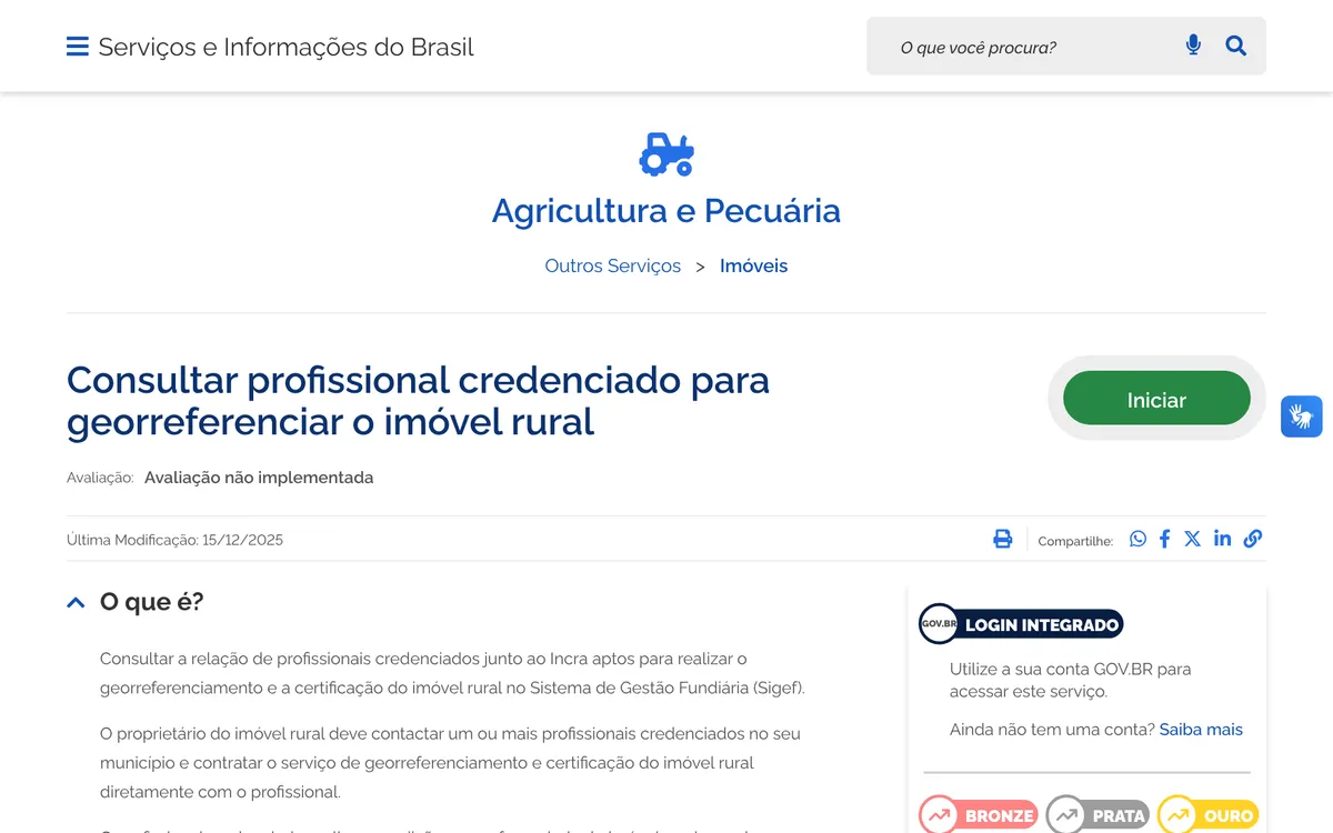 Página do gov.br do serviço Consultar profissional credenciado para georreferenciar o imóvel rural, com o botão Iniciar