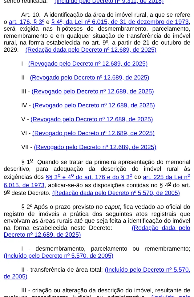Art. 10 do Decreto 4.449/2002 no site do Planalto: a exigência a partir de 21 de outubro de 2029 e os incisos I a VII, que traziam os prazos por tamanho, marcados como revogados pelo Decreto 12.689/2025.