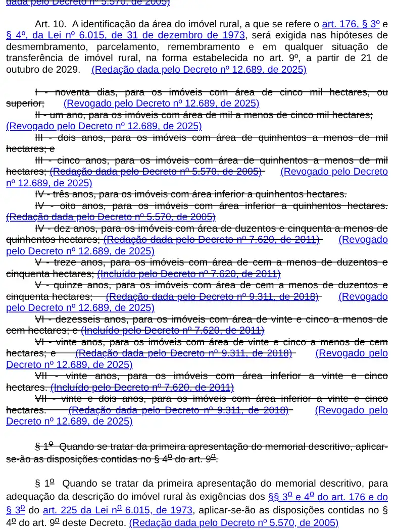 Art. 10 do Decreto 4.449/2002 no site do Planalto: exigência a partir de 21 de outubro de 2029 e o calendário antigo por tamanho riscado como revogado