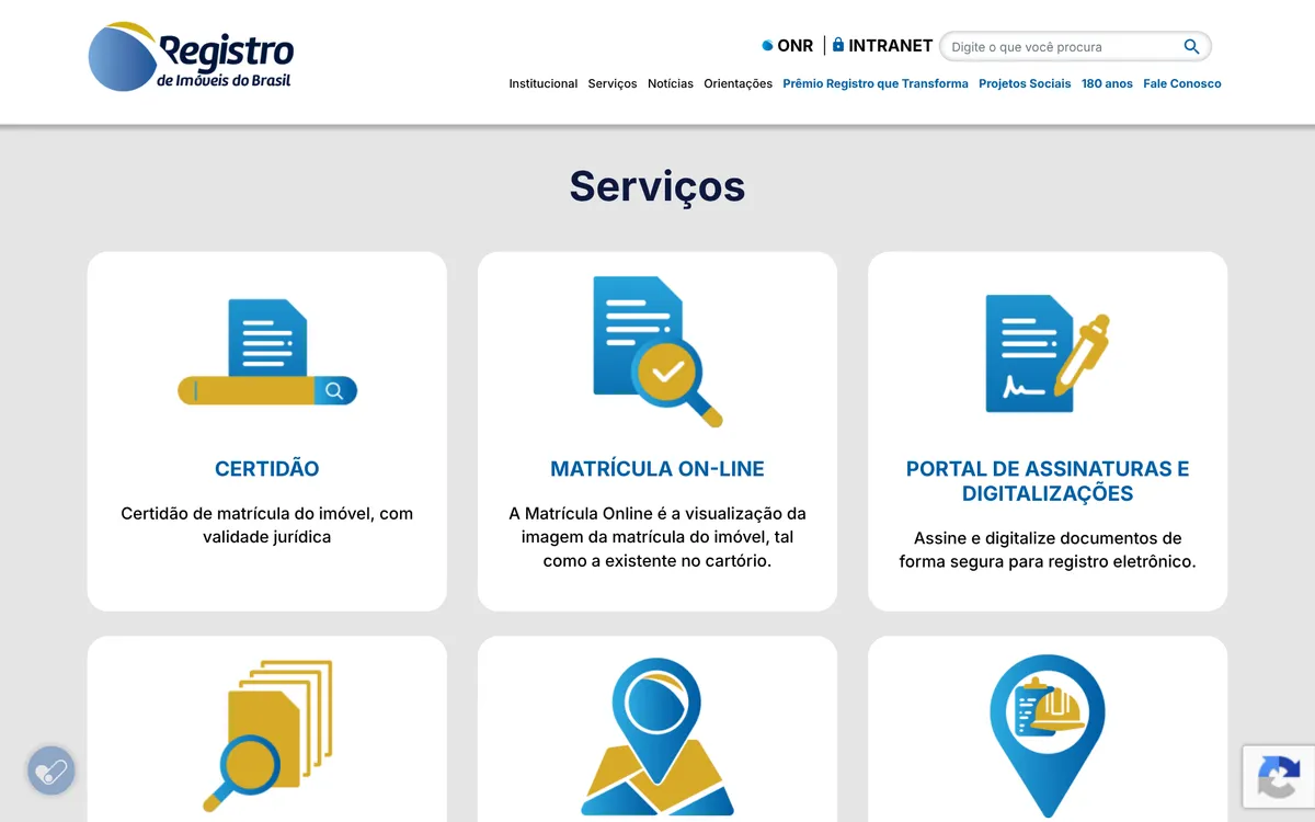 Página de serviços on-line do Registro de Imóveis do Brasil, com certidão de matrícula, matrícula on-line e portal de assinaturas