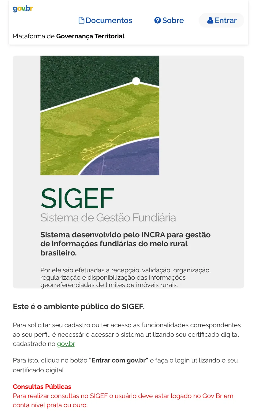 Página inicial do SIGEF, sistema do INCRA, com o aviso de que as consultas públicas pedem login gov.br nível prata ou ouro