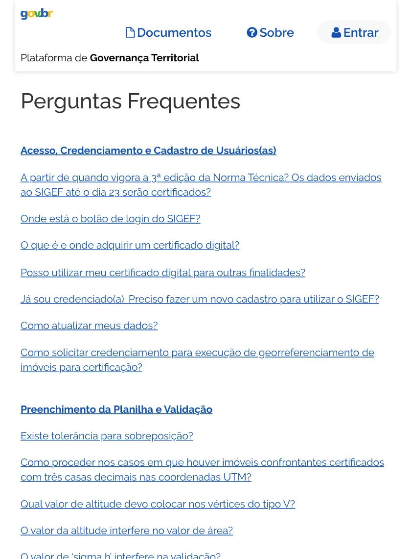 Página de perguntas frequentes do SIGEF, com itens sobre credenciamento, sobreposição e validação