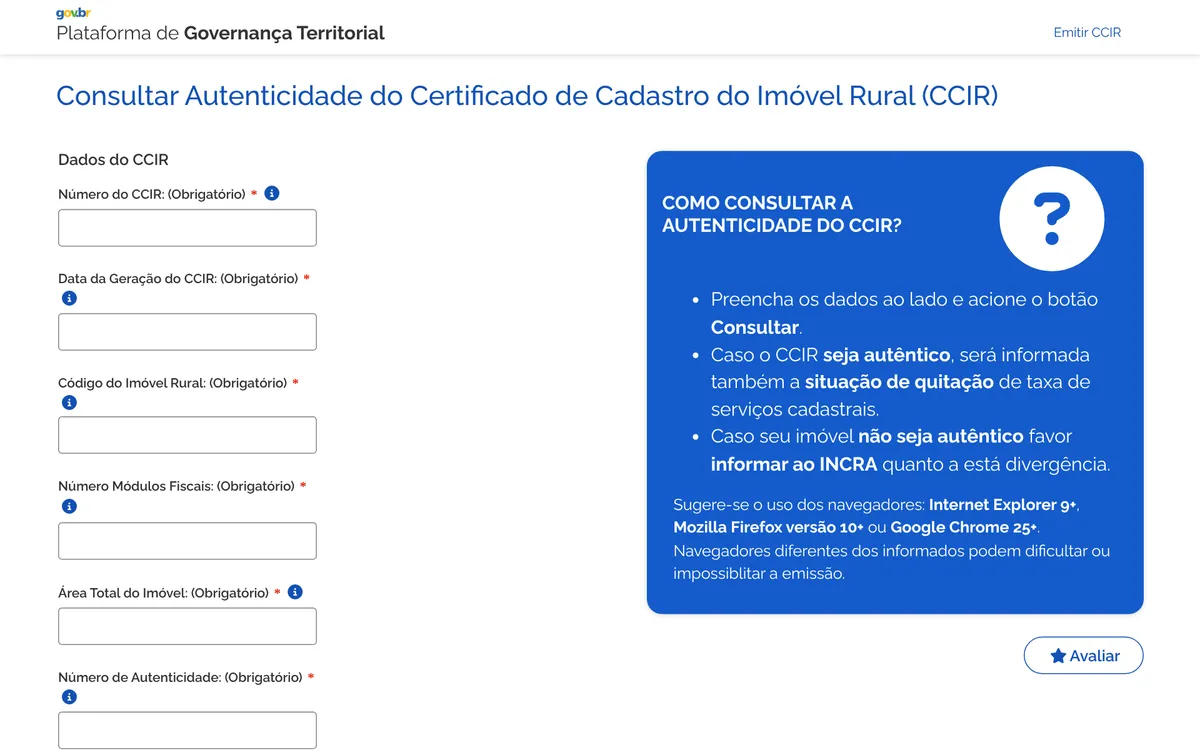 Tela de consulta de autenticidade do CCIR no SNCR, com os campos número do CCIR, data de geração, código do imóvel, módulos fiscais, área total e número de autenticidade