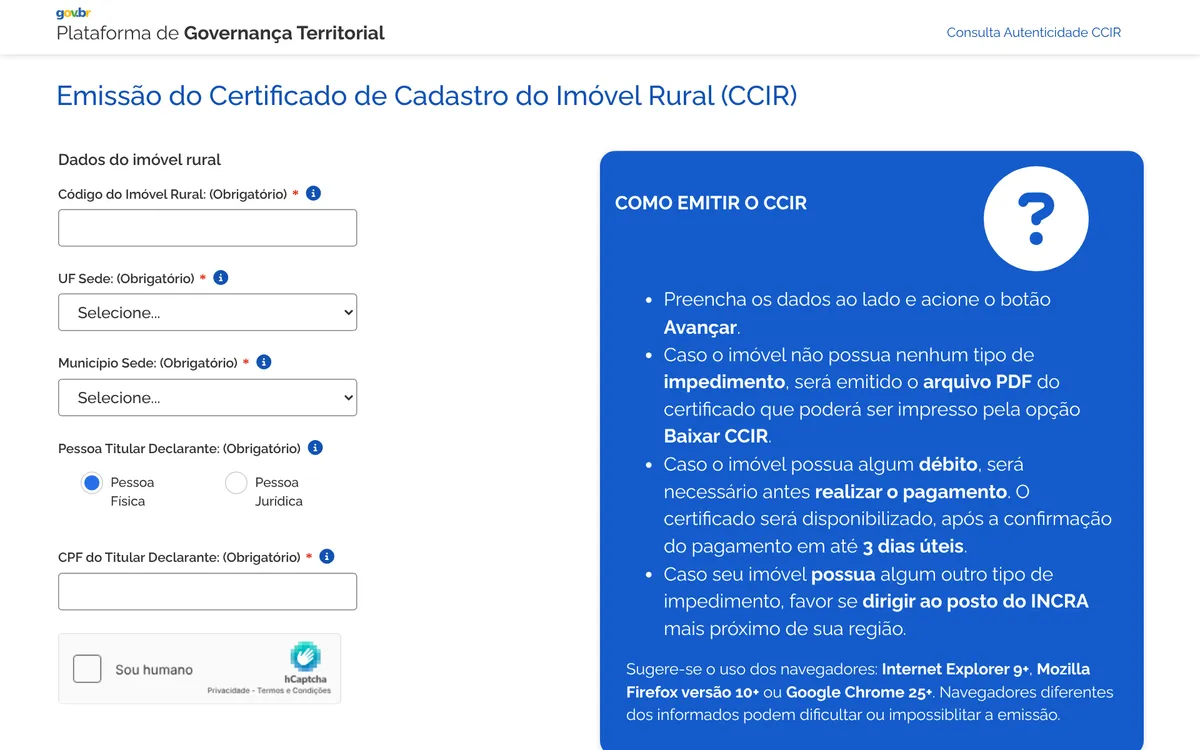 Tela de emissão do CCIR no SNCR, com os campos código do imóvel, UF, município sede, tipo de titular e CPF, e o quadro “Como emitir o CCIR”